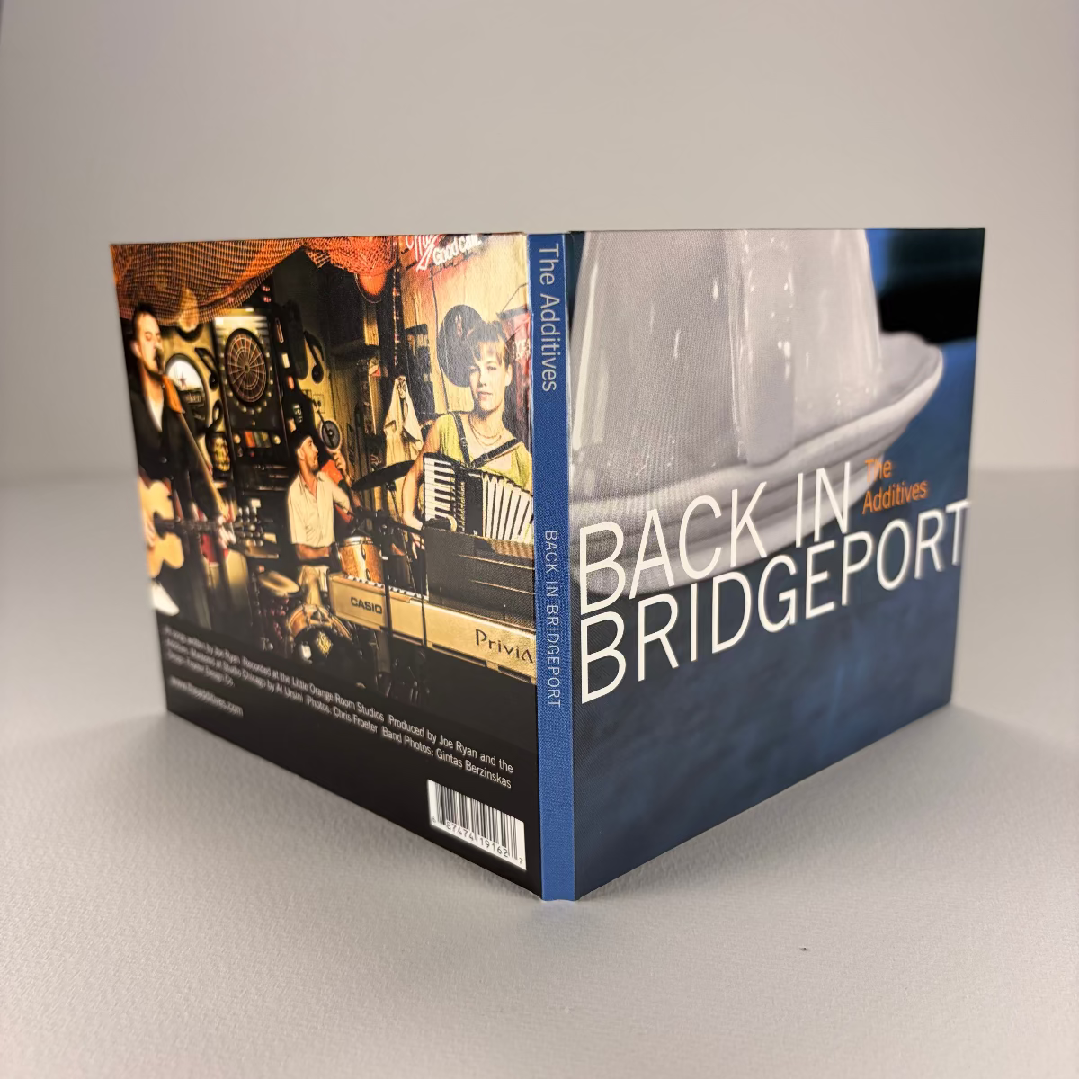 Book titled 'Back in Bridgeport' with a cover featuring images and text on a white background
